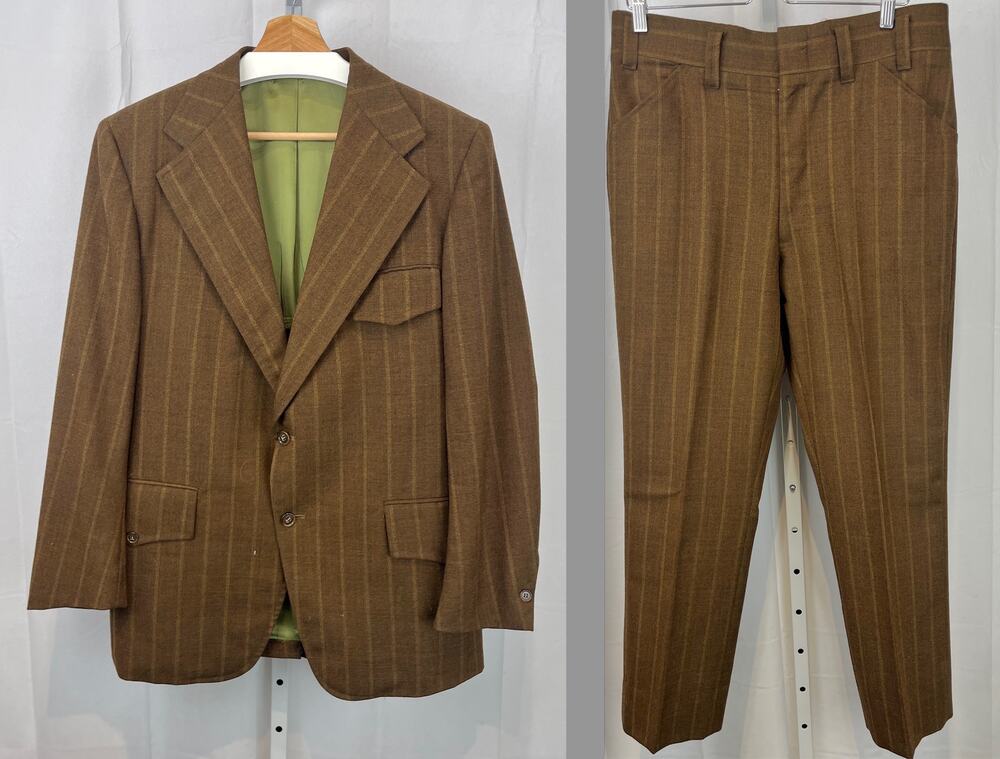 ROBERT HALL VTG 1970s Striped Two Piece Suit Two Button Jacket Pants Brown